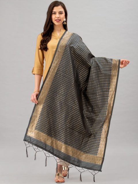 Satrani Grey & Gold-Coloured Woven Design Jacquard Banarasi Dupatta