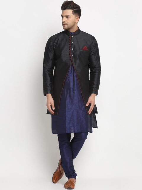 Benstoke Men Blue & Black Solid Kurta with Pyjamas