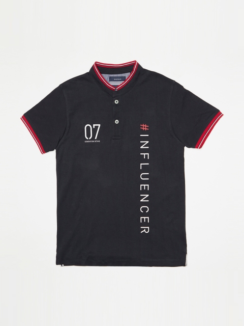 Octave Boys Navy Blue Solid Mandarin Collar T-shirt