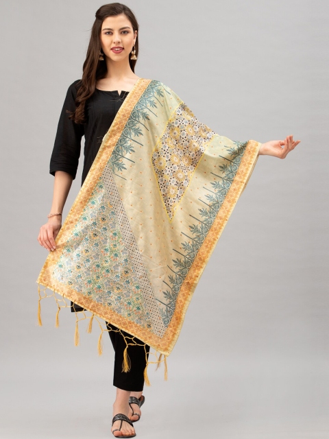 Satrani Cream-Coloured & Teal Blue Floral Digital Print Jacquard Dupatta