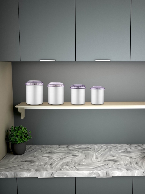 Jensons Set of 4 Silver-Toned & Purple Stainless Steel Canisters With Lid