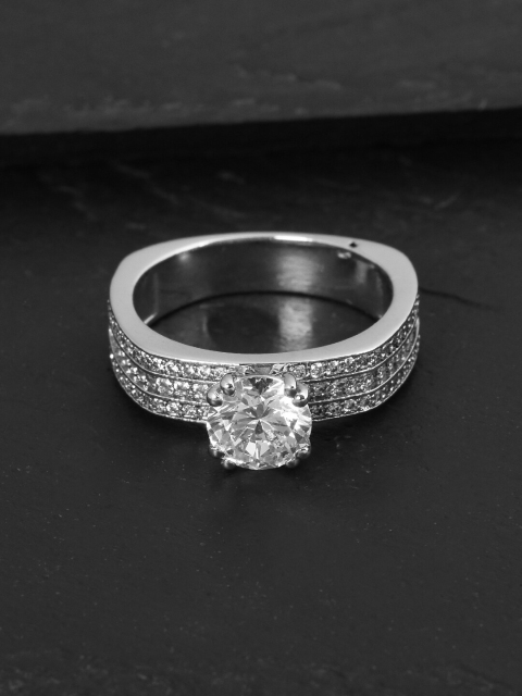 Tistabene Rhodium-Plated White Stone-Studded Solitaire Finger Ring