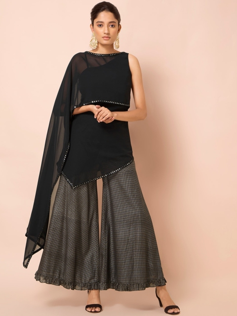 INDYA Black Asymmetric Short Tunic with Layered Dupatta