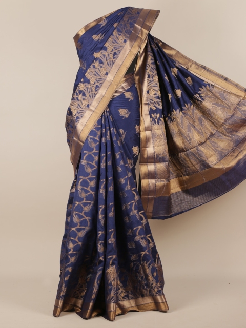 Pothys Navy Blue & Gold-Toned Jute Silk Woven Design Saree