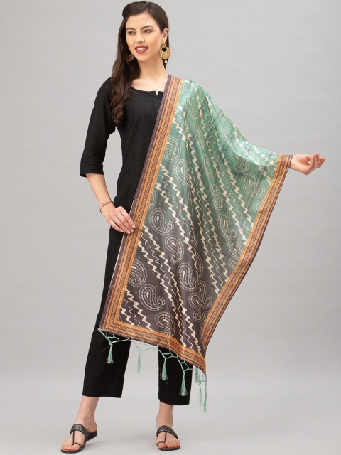 Satrani Olive Green & White Bandhani Digital Print Jacquard Dupatta