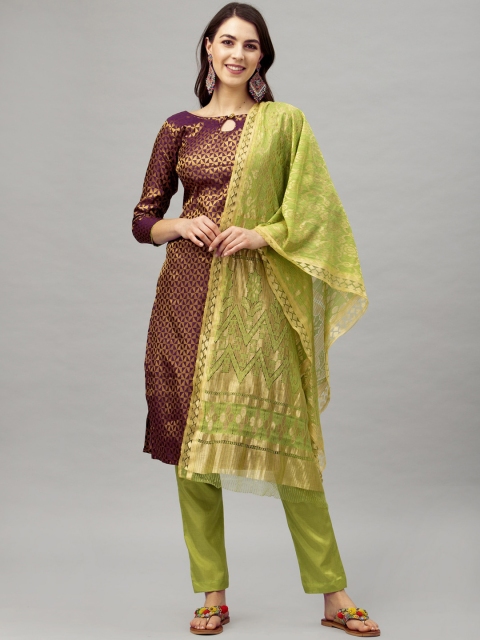 Satrani Purple & Gold-Toned Poly Silk Unstitched Dress Material
