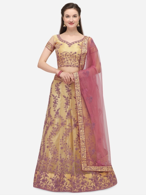 Netram Beige & Purple Embroidered Semi-Stitched Lehenga & Unstitched Blouse with Dupatta