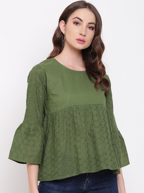 Mayra Green Bell Sleeves Pure Cotton Empire Top