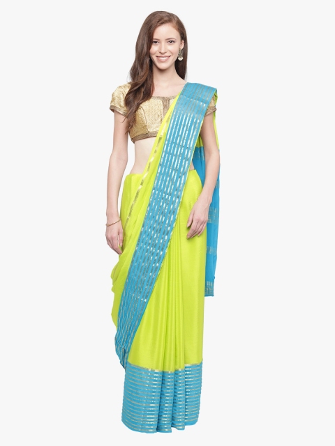 Sudarshan Silks Lime Green & Blue Pure Silk Solid Mysore Silk Saree