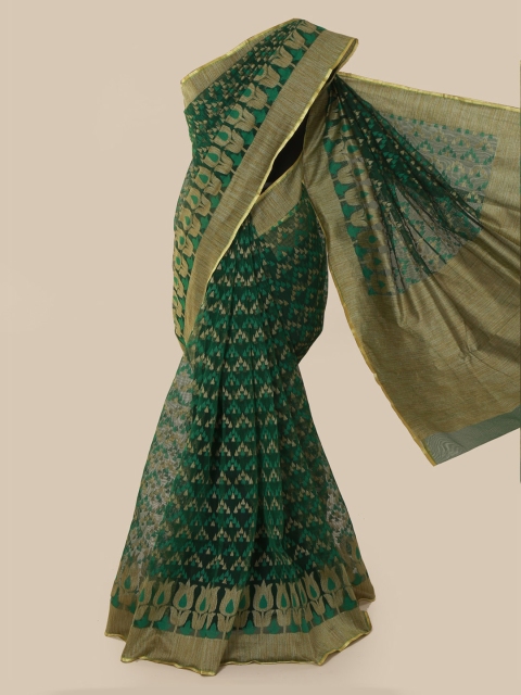 Pothys Green & Gold-Toned Supernet Woven Design Saree