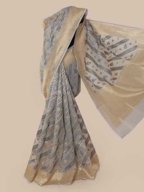 Pothys Grey & Gold-Toned Tissue Woven Design Saree