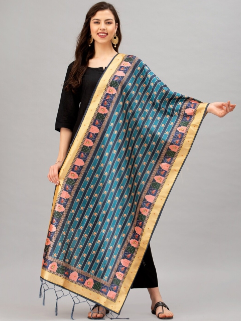 Satrani Teal Blue & Peach-Coloured Floral Digital Print Jacquard Dupatta