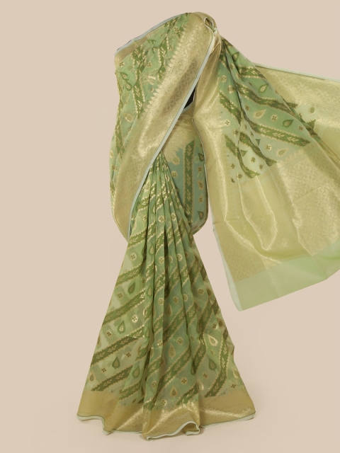 Pothys Green & Gold-Toned Tissue Woven Design Saree