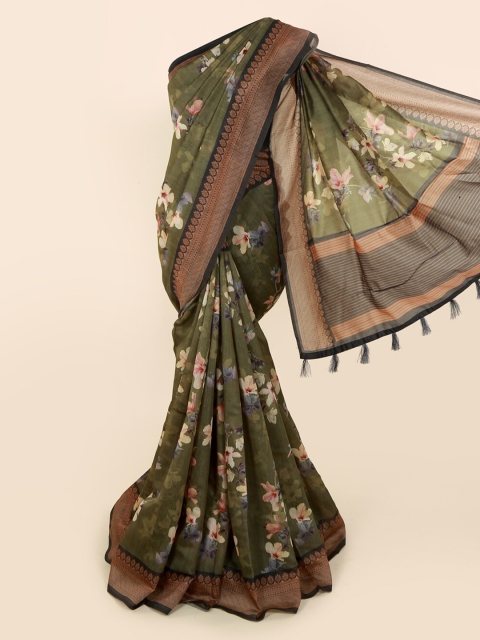 Pothys Green & Brown Cotton Blend Printed Saree