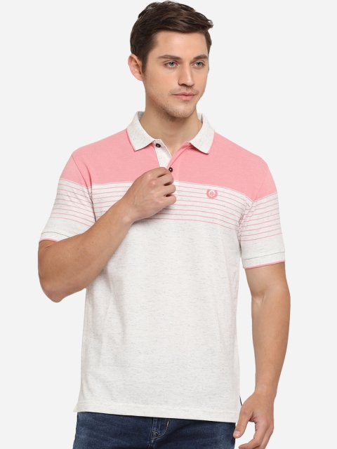 Greenfibre Men Grey Melange & Pink Slim Fit Striped Polo Collar T-shirt