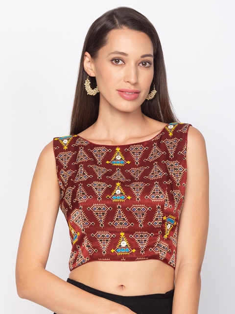 Salwar Studio Maroon & Off White Printed Fitted Crop Top