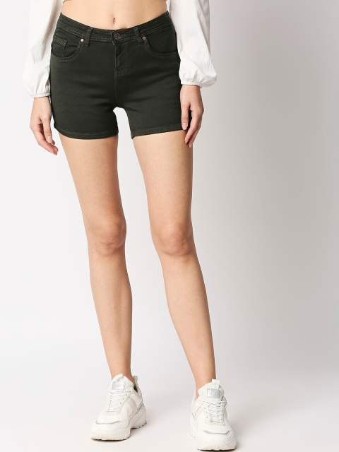 High Star Women Olive Green Solid Slim Fit Denim Stretchable Shorts