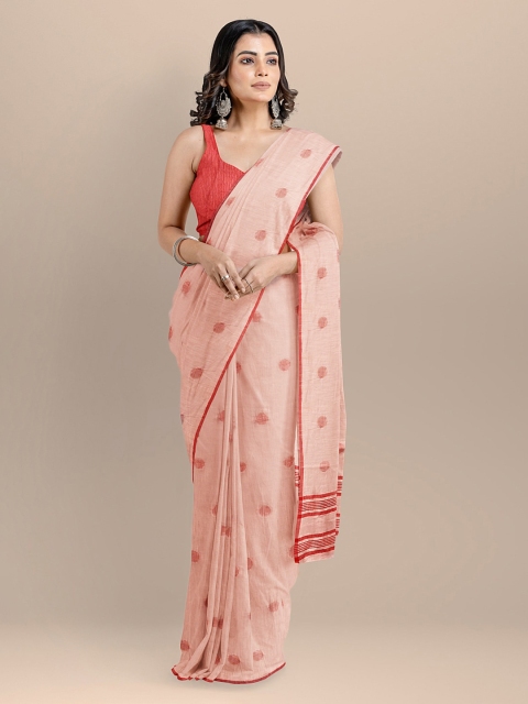 BharatSthali Peach-Coloured Pure Cotton Woven Design Taant Saree