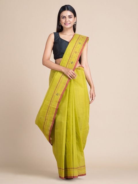 Mitera Lime Green Pure Cotton Solid Taant Saree