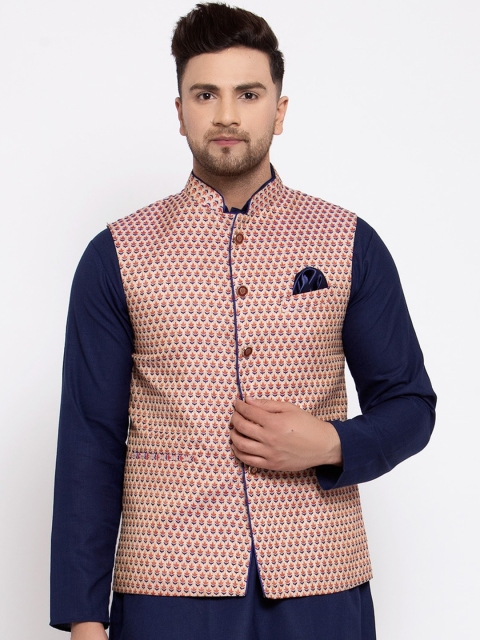 MAXENCE Men Beige Printed Nehru Jacket