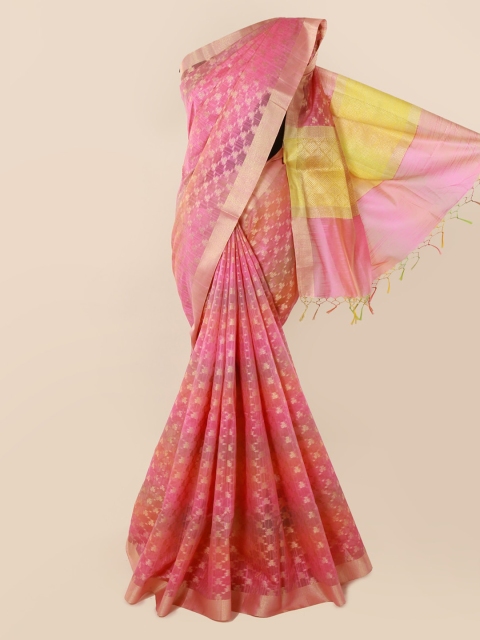 Pothys Pink Checked Cotton Blend Saree
