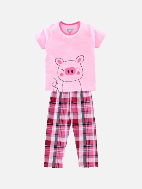 Nite Flite Girls Pink & Black Piglet Printed Pyjama Set