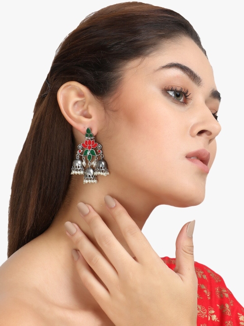 Adwitiya Collection Silver-Plated & Red Contemporary Jhumkas