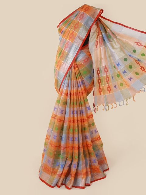 Pothys Multicoloured Checked Linen Blend Saree, Multi
