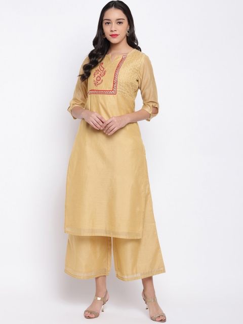 Shakumbhari Women Beige Yoke Design Kurta with Palazzos