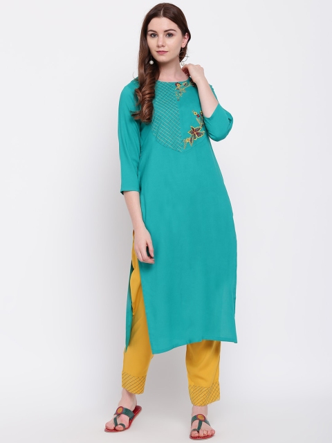 Shakumbhari Women Green & Yellow Embroidered Kurta with Trousers