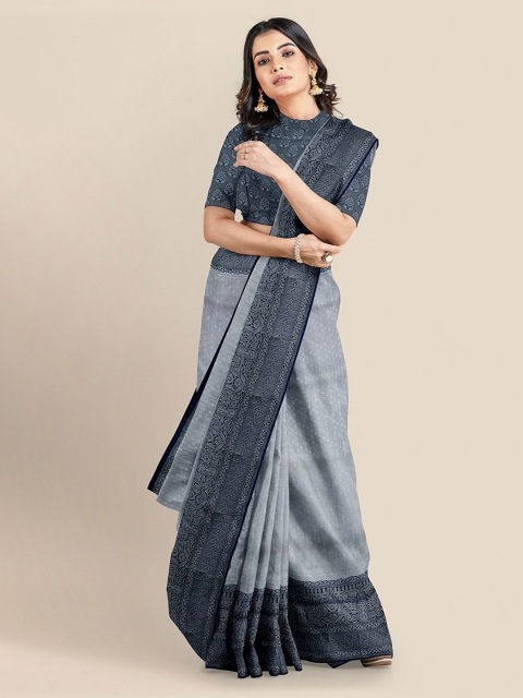 KLM Fashion Mall Grey Silk Blend Solid Banarasi Saree