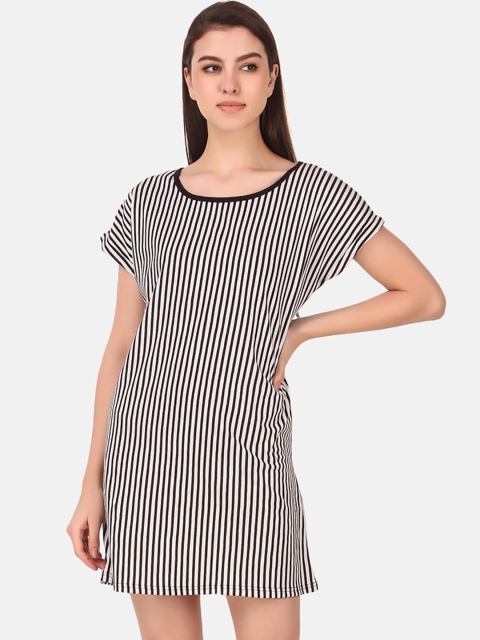Masha Women Black & White Striped Nightdress