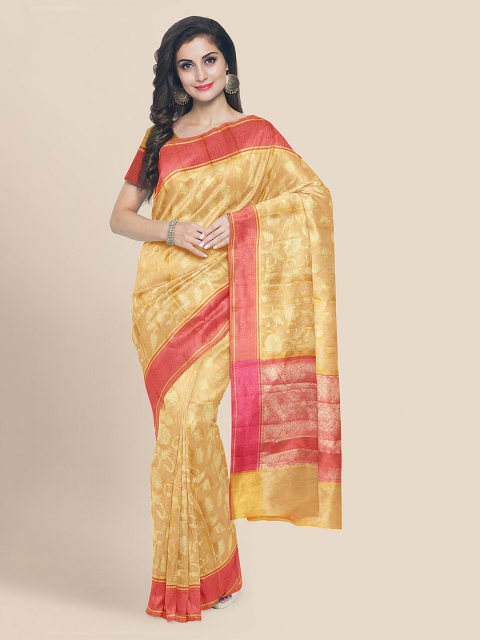 KLM Fashion Mall Yellow & Pink Silk Blend Woven Design Banarasi Saree