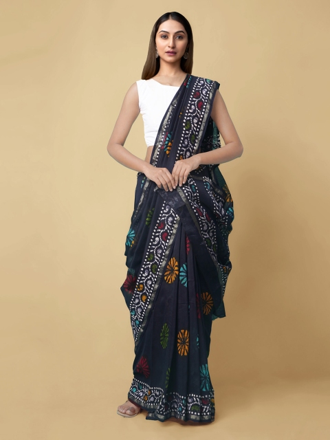 Unnati Silks Black & Off-White Silk Cotton Printed Chanderi Saree