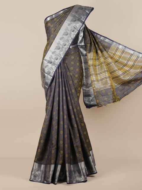 Pothys Navy Blue & Gold-Coloured Jute Silk Woven Design Saree