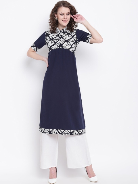 Napra Women Navy Blue & White Yoke Design Crepe Kurta