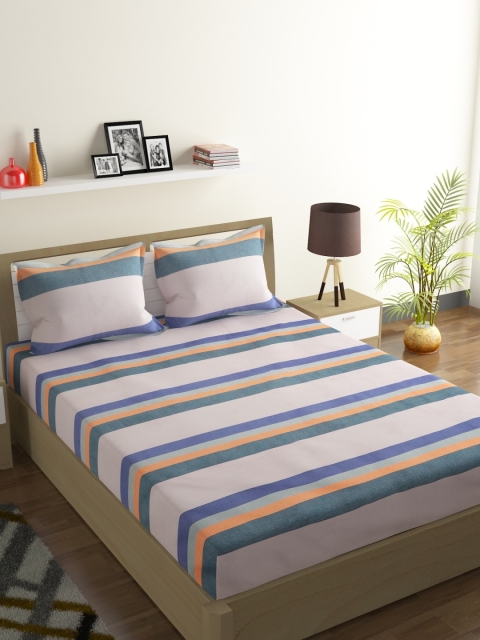 ROMEE Cream-Coloured & Blue Striped 144 TC Cotton 1 Queen Bedsheet with 2 Pillow Covers