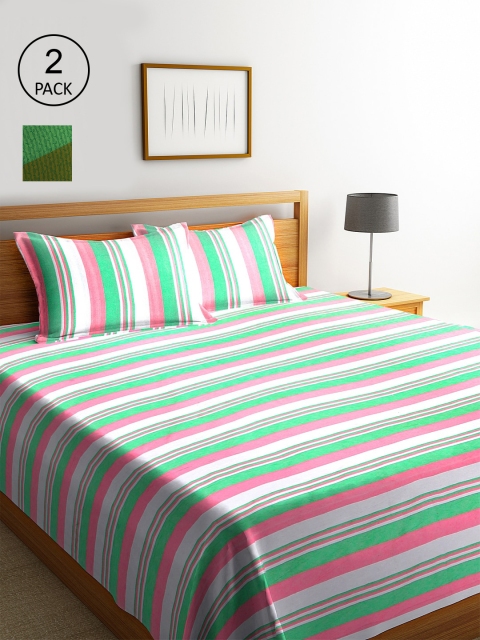 KLOTTHE Set Of 2 Green & White Striped Double King Bed Covers with 4 Pillow Covers