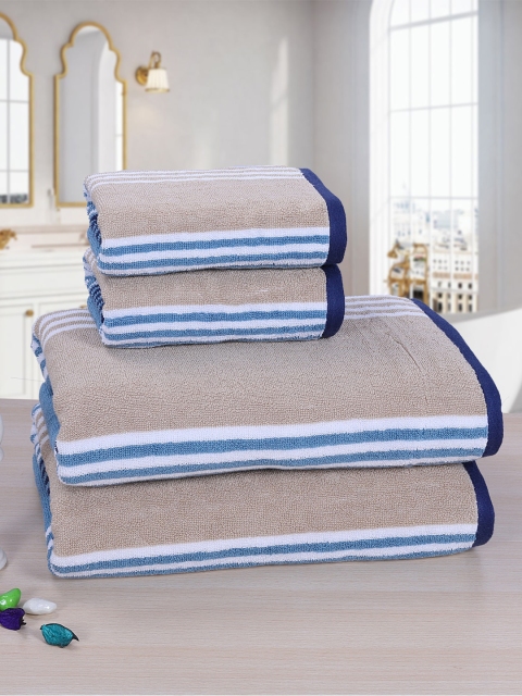 RANGOLI Set Of 4 Beige & Blue Striped 520 GSM Bath Towel Set