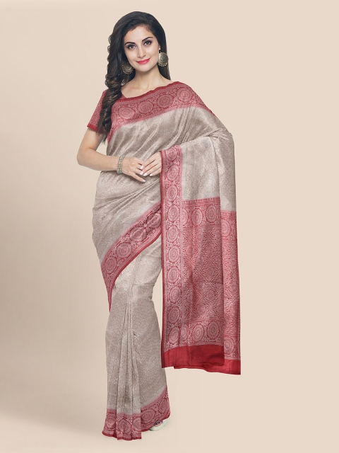 KLM Fashion Mall Beige & Maroon Silk Blend Woven Design Banarasi Saree