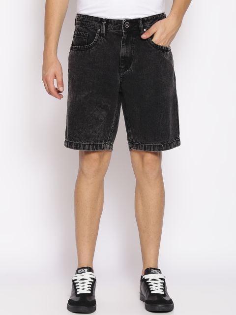 High Star Men Black Washed Slim Fit Denim Shorts