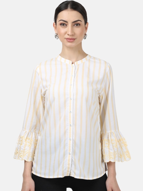 Monte Carlo White Striped Mandarin Collar Bell Sleeves Shirt Style Top