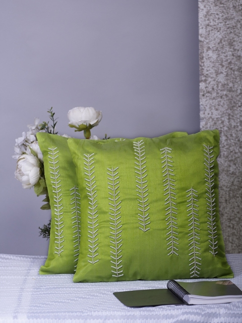 Alina decor Green & Grey Set of 2 Embroidered Square Cushion Covers