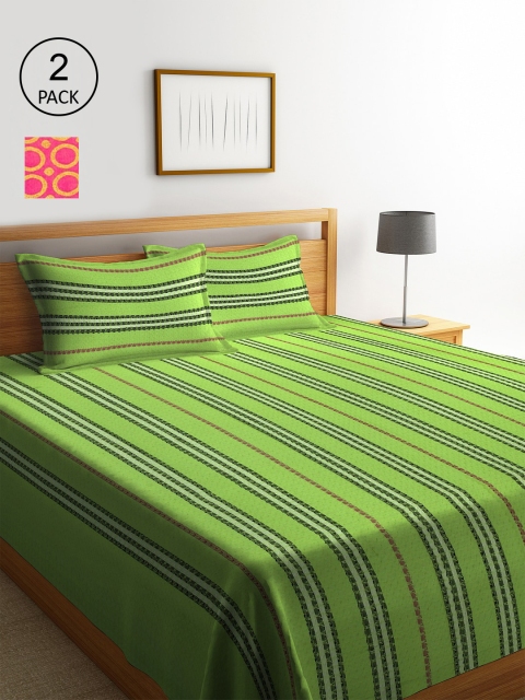 KLOTTHE Set Of 2 Woven Design Double King Bed Covers with 4 Pillow Covers, Green