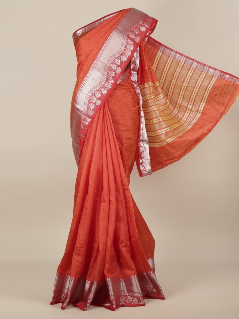 Pothys Orange & Silver-Coloured Jute Silk Woven Design Saree