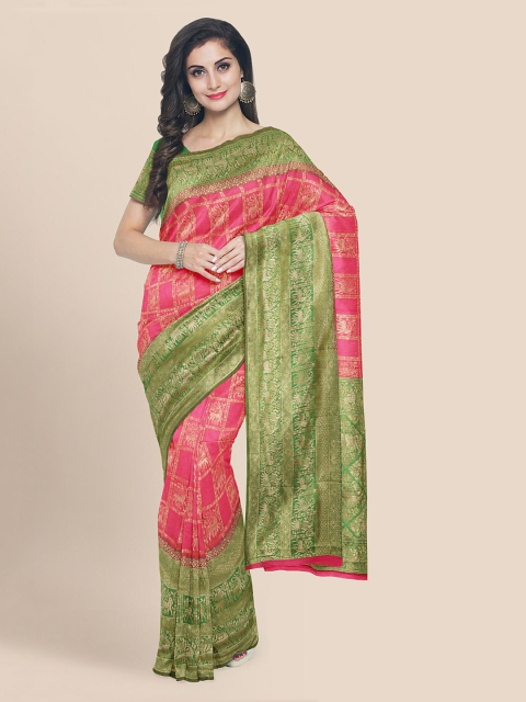 KLM Fashion Mall Pink & Green Silk Blend Woven Design Banarasi Saree