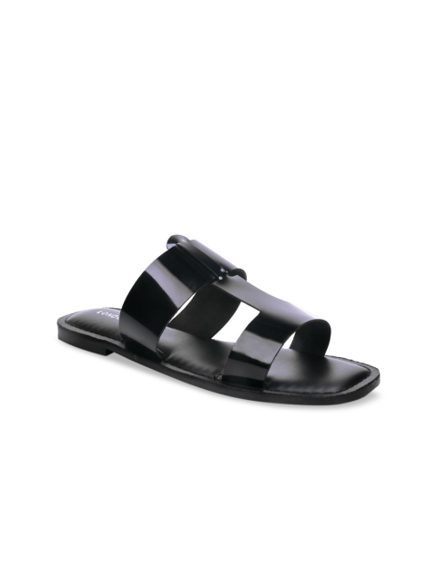 London Rag Women Black Solid Leather Open Toe Flats