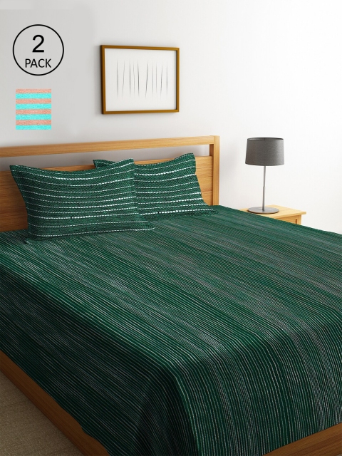 KLOTTHE Set Of 2 Green Woven Design Double King Bed Covers With 4 Pillow Covers
