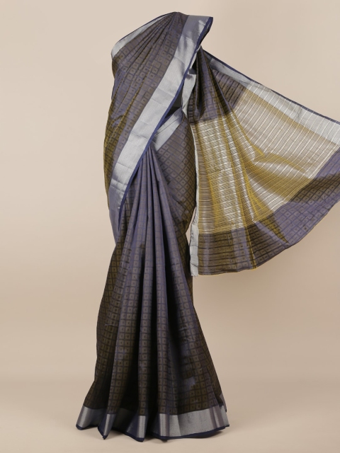 Pothys Navy Blue Checked Jute Silk Saree