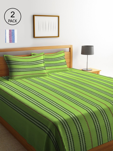 KLOTTHE Set Of 2 Woven Design Double Bedcover with 4 Pillow Covers, Green